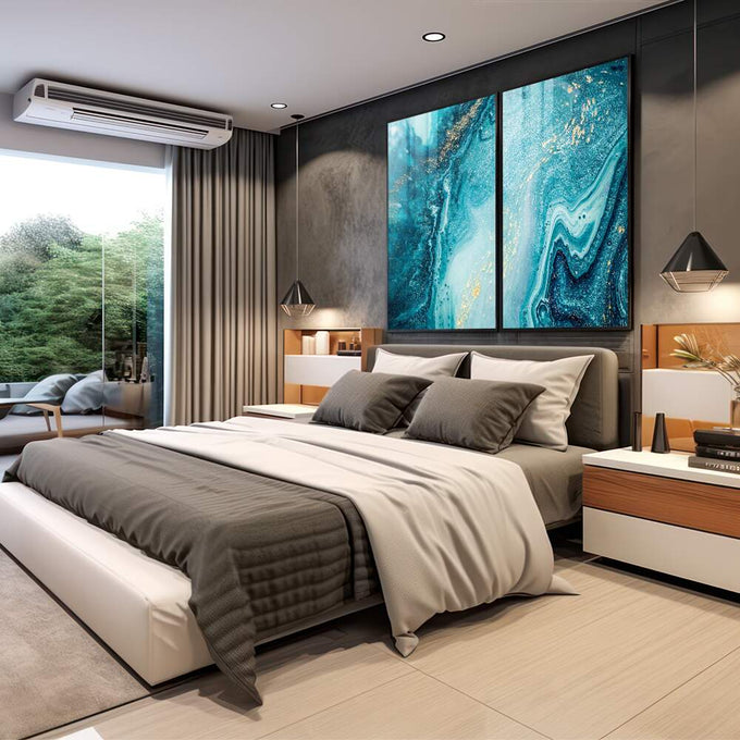 Quadro Decorativo Dança de Azul e Dourado: Inspiração Única - quadros decorativos 2 Telas, Abstratos e Geométricos - em sala moderna