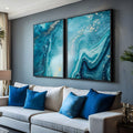 Díptico abstrato com efeito mármore fluido azul turquesa e pontos dourados, 2 telas, quadro decorativo