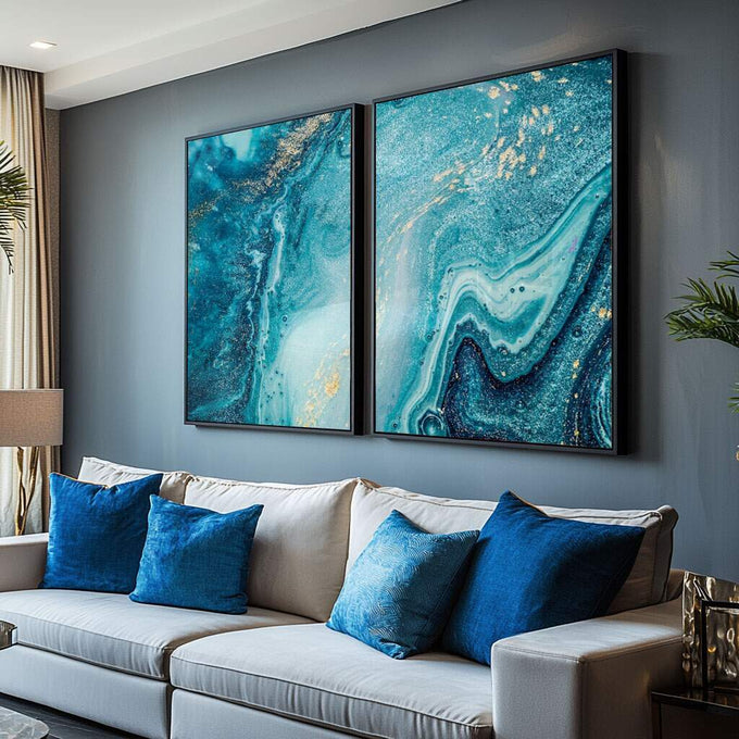 Quadro Decorativo Dança de Azul e Dourado: Inspiração Única - quadros decorativos para sala 2 Telas, Abstratos e Geométricos - em ambiente decorado