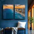 Vista aérea da praia de Cancun com mar turquesa, hotéis e pôr do sol laranja em 2 telas, quadro decorativo
