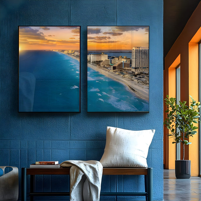 Vista aérea da praia de Cancun com mar turquesa, hotéis e pôr do sol laranja em 2 telas, quadro decorativo