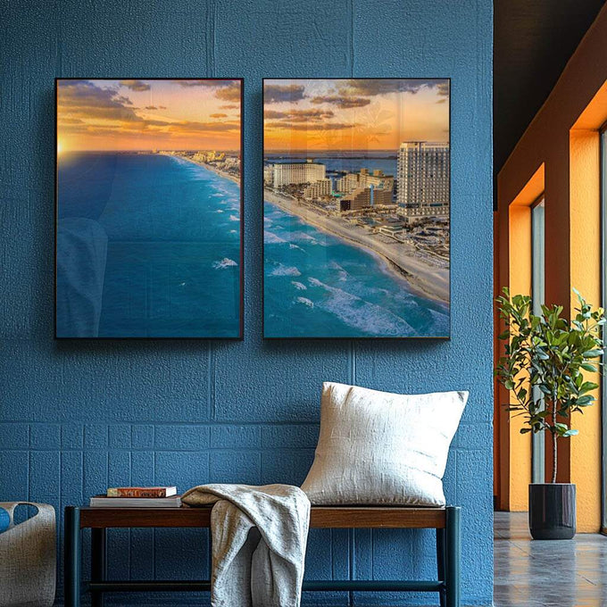 Quadro Decorativo Requinte de Cancun: Praias e Mar Turquesa - quadros decorativos para sala 2 Telas, arquitectura moderna - em ambiente decorado