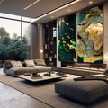 Quadro Decorativo Fusão Verde e Ouro - Toque de Energia Único - quadros decorativos para sala 2 Telas, Abstratos e Geométricos - em quarto contemporaneo