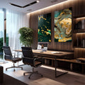 Quadro Decorativo Fusão Verde e Ouro - Toque de Energia Único - quadros decorativos para sala 2 Telas, Abstratos e Geométricos - em living room premium