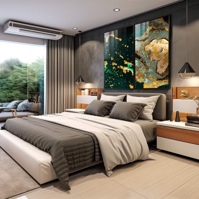 Quadro Decorativo Fusão Verde e Ouro - Toque de Energia Único - quadros decorativos 2 Telas, Abstratos e Geométricos - em sala moderna