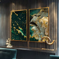 Quadro Decorativo Fusão Verde e Ouro - Toque de Energia Único - quadros decorativos para sala 2 Telas, Abstratos e Geométricos - em ambiente decorado