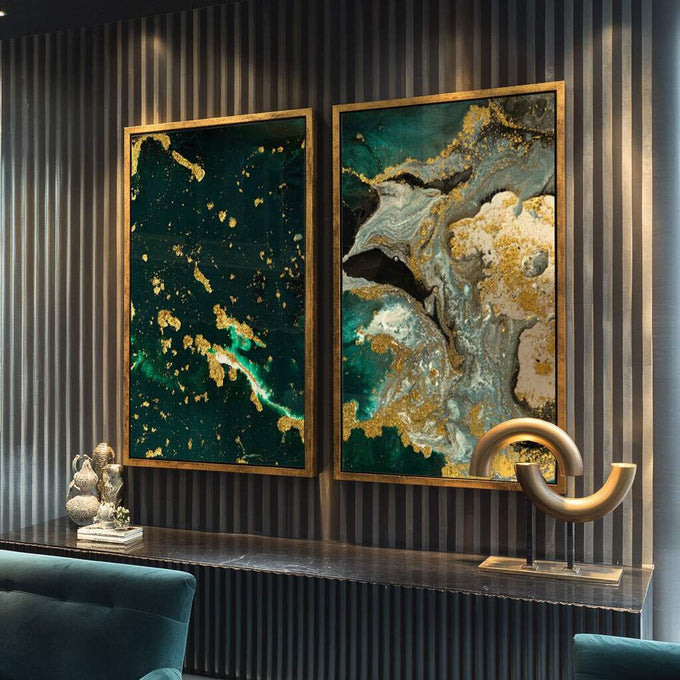 Quadro Decorativo Fusão Verde e Ouro - Toque de Energia Único - quadros decorativos para sala 2 Telas, Abstratos e Geométricos - em ambiente decorado