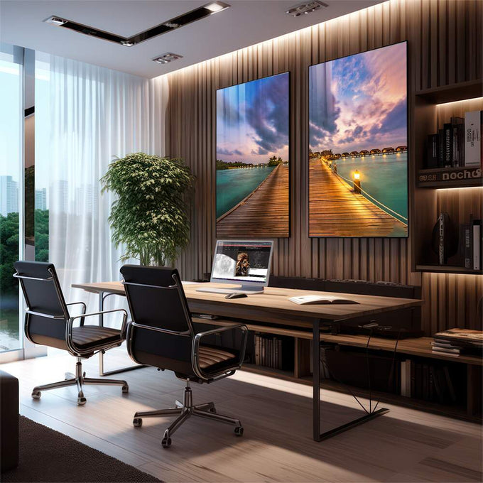 Quadro Decorativo Pôr do Sol Maldivas: Encante-se! - quadros decorativos para sala 2 Telas, azul turquesa - em living room premium
