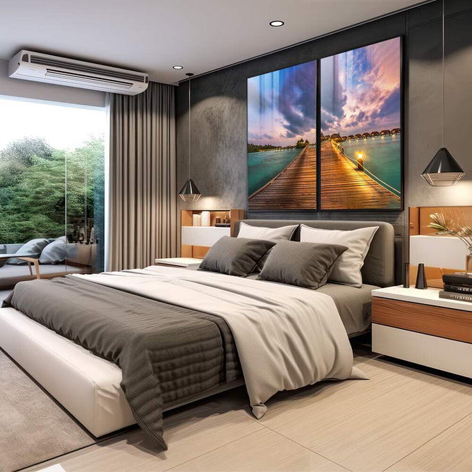 Quadro Decorativo Pôr do Sol Maldivas: Encante-se! - quadros decorativos 2 Telas, azul turquesa - em sala moderna