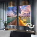 Quadro Decorativo Pôr do Sol Maldivas: Encante-se! - quadros decorativos para sala 2 Telas, azul turquesa - em ambiente decorado