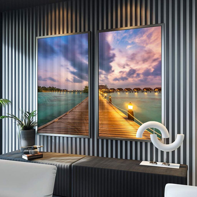 Quadro Decorativo Pôr do Sol Maldivas: Encante-se! - quadros decorativos para sala 2 Telas, azul turquesa - em ambiente decorado
