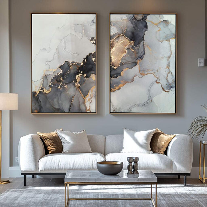 Quadro Decorativo Mármore de Luxo: Elegância Atemporal - quadros decorativos para sala 2 Telas, abstrato geométrico - em ambiente decorado
