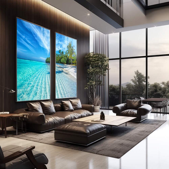 Quadro Decorativo: Refúgio Tropical Sereno e Vibrante - quadros decorativos 2 Telas, areia branca - em escritorio elegante