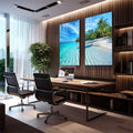 Quadro Decorativo: Refúgio Tropical Sereno e Vibrante - quadros decorativos para sala 2 Telas, areia branca - em living room premium