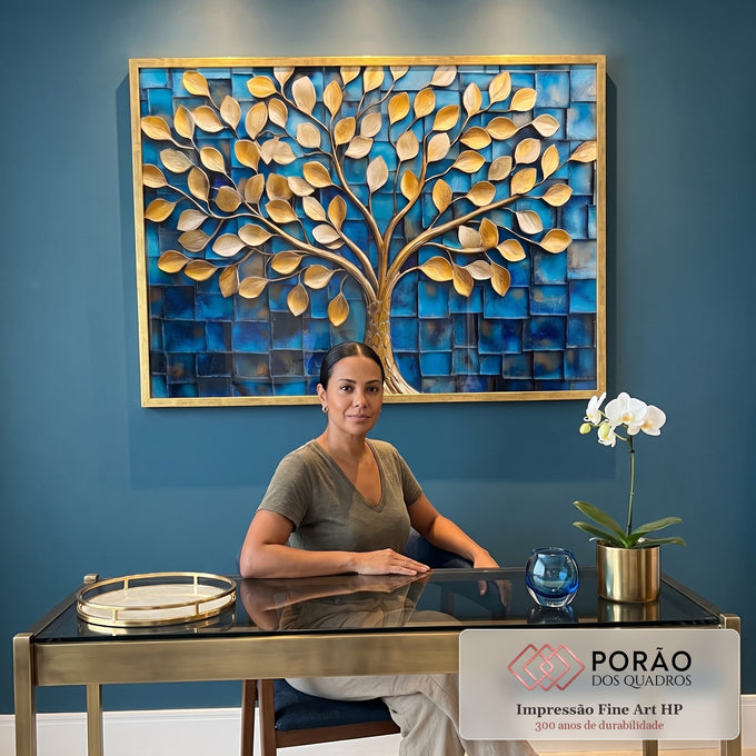 Quadro Decorativo Árvore Dourada em Azul Profundo em escritorio moderno - quadros decorativos para sala
