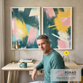 Quadro Decorativo Pincelada - Harmonia de Cores em Verde, Rosa e Amarelo em escritorio moderno - quadros decorativos para sala