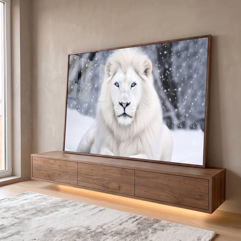Quadro Decorativo Leão Branco Majestoso em ambiente decorado - quadros decorativos para sala