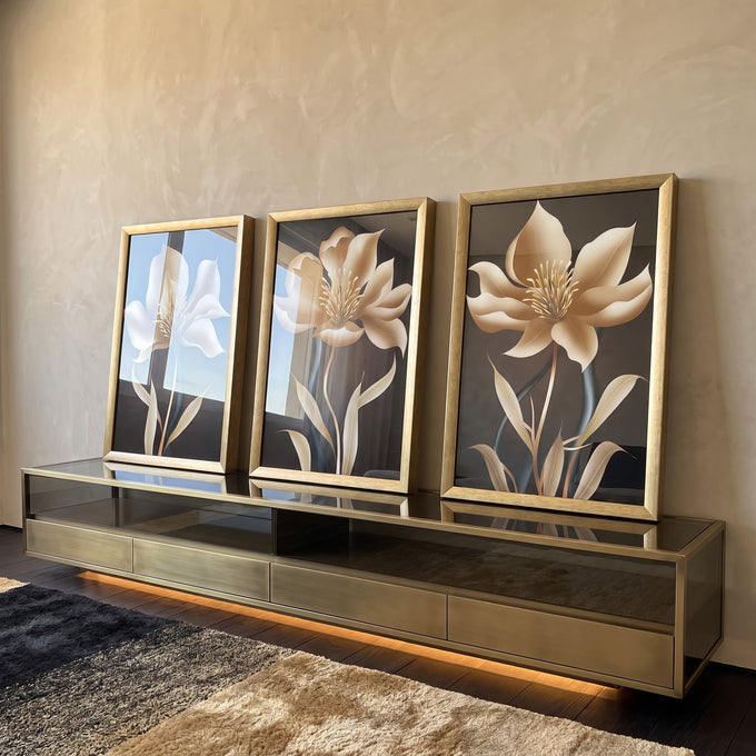 Quadro Decorativo: Luxuoso Jardim Dourado em ambiente decorado - quadros decorativos para sala
