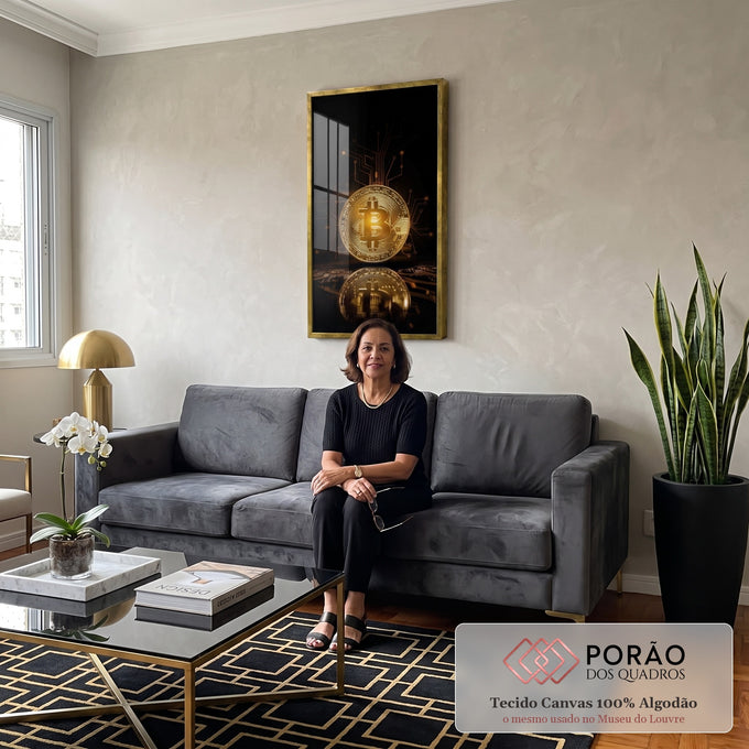 Quadro Decorativo: Bitcoin Dourado - Energia e Futurismo em sala de estar moderna - quadros decorativos para sala