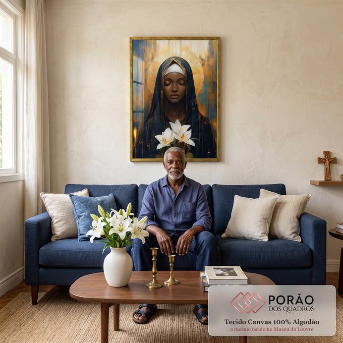 Quadro Decorativo A Paz De Nossa Senhora de Aparecida em sala de estar moderna - quadros decorativos para sala
