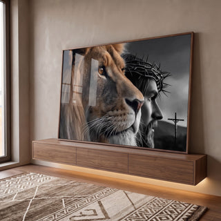 Quadro Decorativo Majestade: Leão e Jesus em ambiente decorado - quadros decorativos para sala