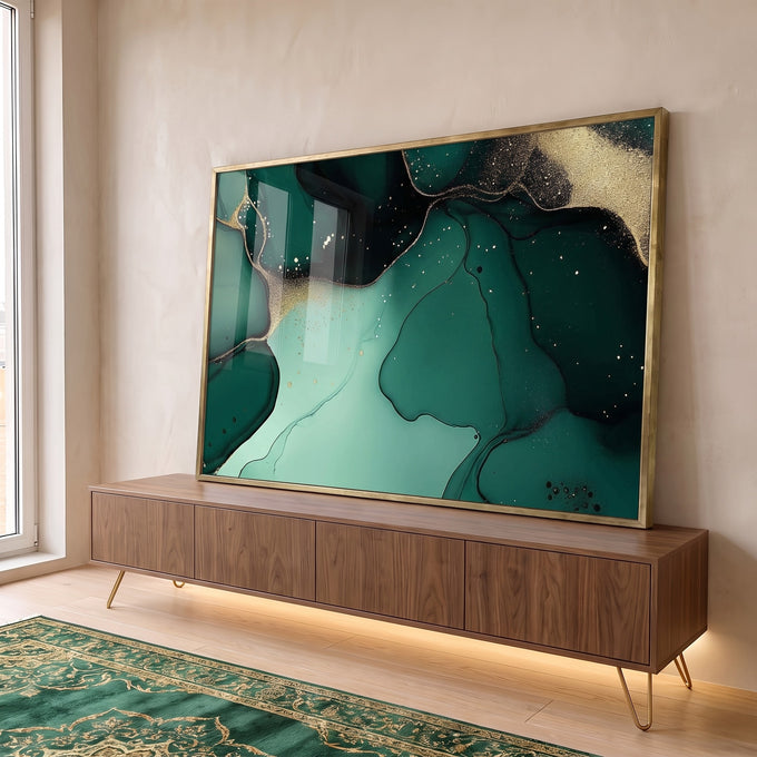 Quadro Decorativo Abstração Elegante em Verde e Dourado em ambiente decorado - quadros decorativos para sala