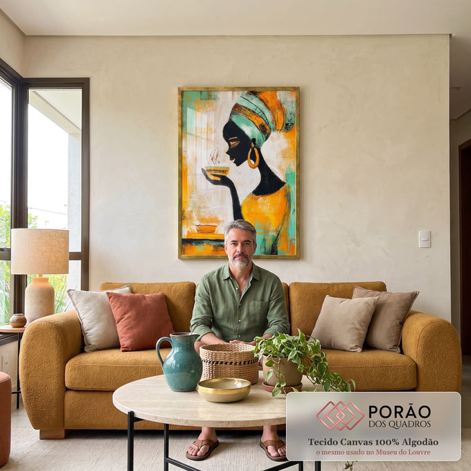Quadro Decorativo Feminino Sereno e Vibrante em sala de estar moderna - quadros decorativos para sala