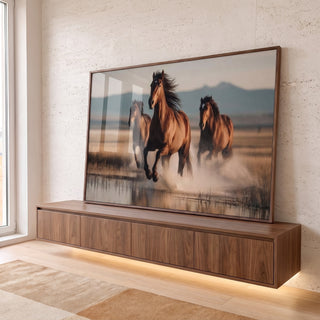 Quadro Decorativo Cavalos Galopando Livres em ambiente decorado - quadros decorativos para sala