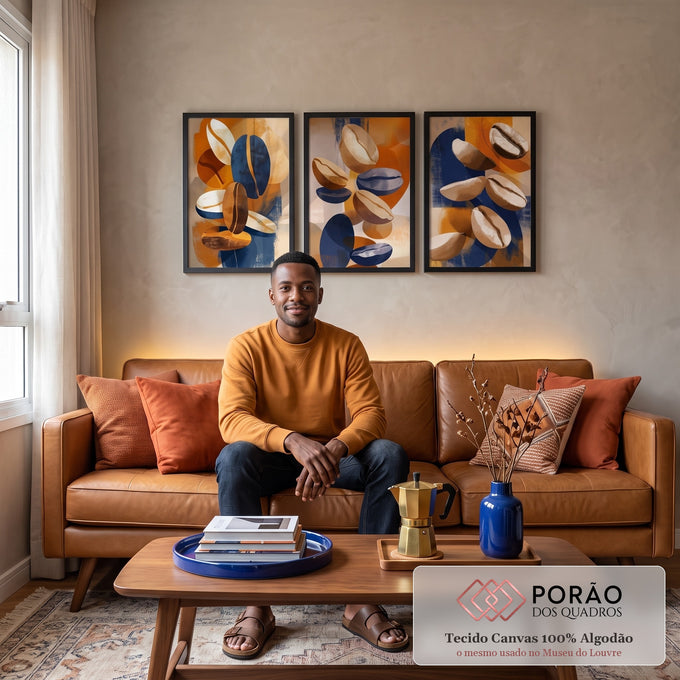 Quadro Decorativo Abstrato Orgânico em 3 Peças em sala de estar moderna - quadros decorativos para sala