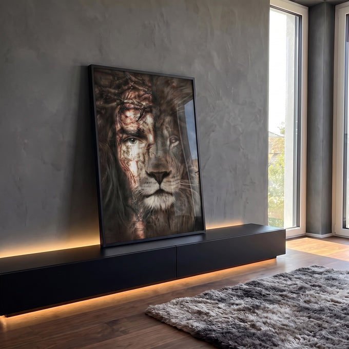 Quadro Decorativo Jesus e o Leão: Inspire Fé e Coragem em ambiente decorado - quadros decorativos para sala