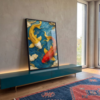 Quadro Decorativo Peixes Koi em Movimento em ambiente decorado - quadros decorativos para sala