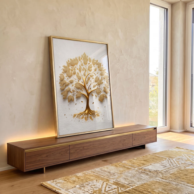 Quadro Decorativo Árvore da Riqueza Dourada em ambiente decorado - quadros decorativos para sala