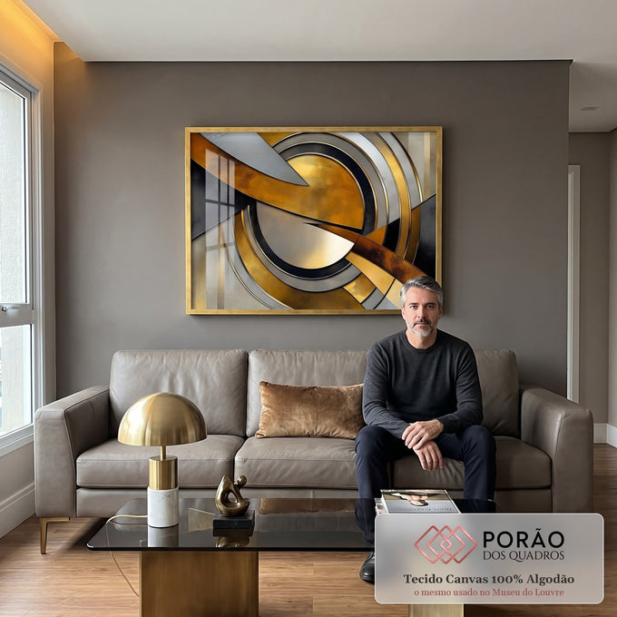 Quadro Decorativo Abstrato Luxuoso com Dourado e Preto em sala de estar moderna - quadros decorativos para sala