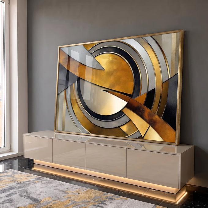 Quadro Decorativo Abstrato Luxuoso com Dourado e Preto em ambiente decorado - quadros decorativos para sala