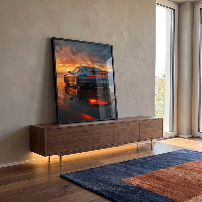 Quadro Decorativo Porsche ao Pôr do Sol em ambiente decorado - quadros decorativos para sala