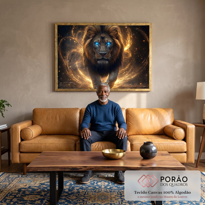 Quadro Decorativo Caminho do Leão Sob Aura Dourada em sala de estar moderna - quadros decorativos para sala