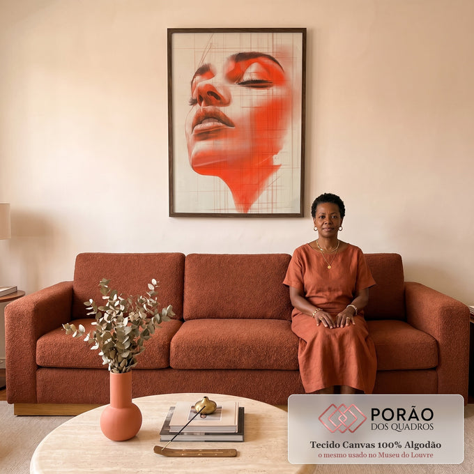Quadro Decorativo Artístico da Mulher Alaranjada em sala de estar moderna - quadros decorativos para sala
