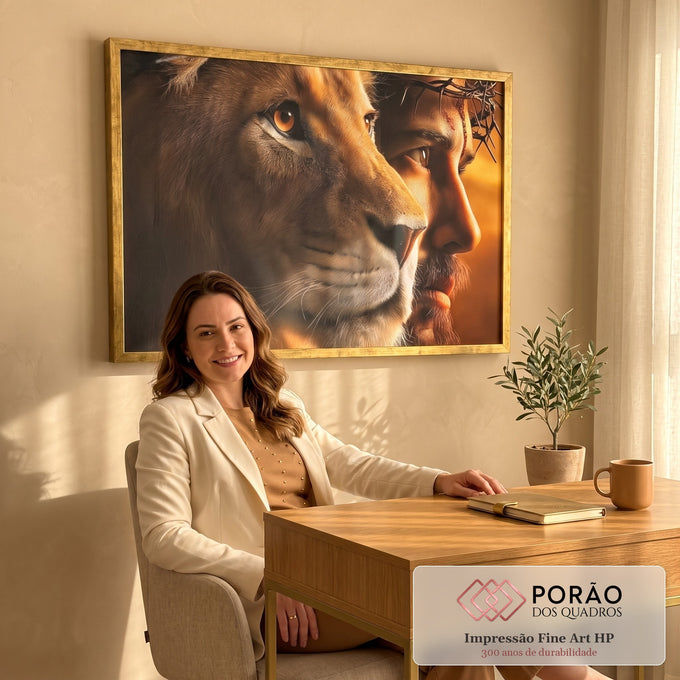 Quadro Decorativo Majestoso: Leão e Jesus Cristo em escritorio moderno - quadros decorativos para sala