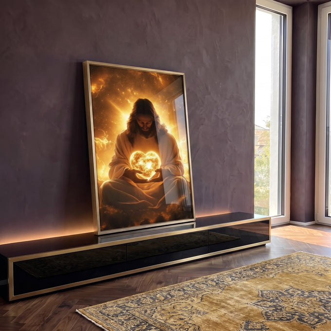 Quadro Decorativo Religioso - Luz e Amor Divinos em ambiente decorado - quadros decorativos para sala