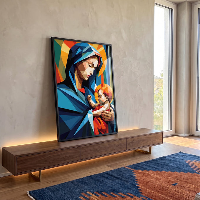 Quadro Decorativo Geométrico Maria e Jesus - Elegância e Sofisticação para Sua Decoração em ambiente decorado - quadros decorativos para sala