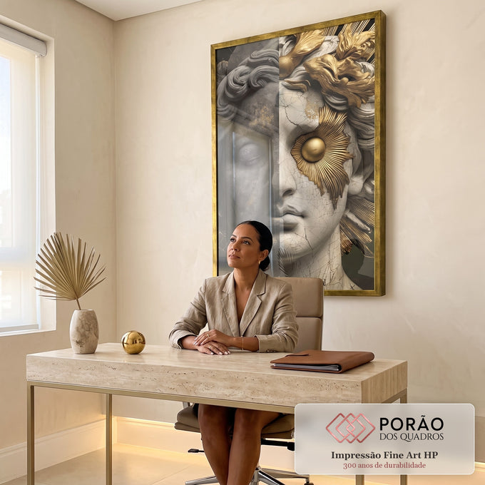 Quadro Decorativo Bustos Dourados Elegantes em escritorio moderno - quadros decorativos para sala