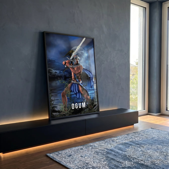 Quadro Decorativo Guerreiro Ogum ao Luar - Imponência Noturna em ambiente decorado - quadros decorativos para sala