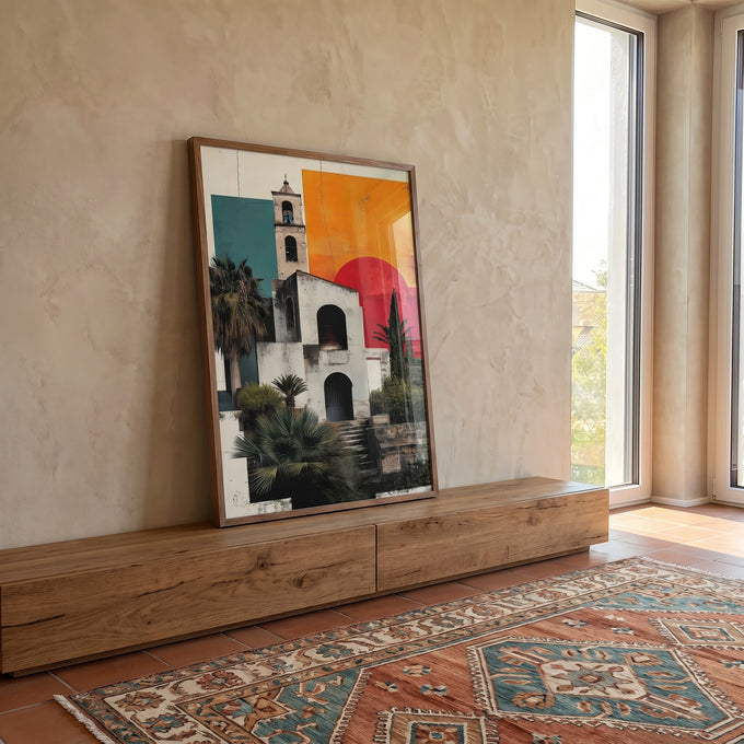 Quadro Decorativo Charme Mediterrâneo ao Pôr do Sol em ambiente decorado - quadros decorativos para sala