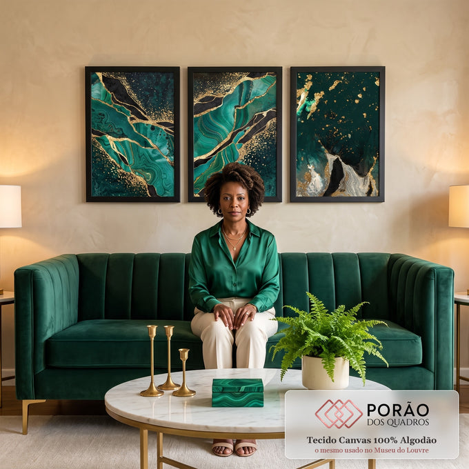 Quadro Decorativo: Luxo Verde & Ouro - Exclusividade e Arte em sala de estar moderna - quadros decorativos para sala