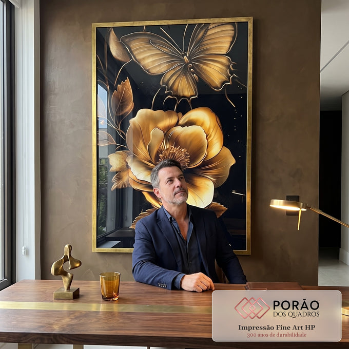 Quadro Decorativo Elegância Dourada Floral em escritorio moderno - quadros decorativos para sala