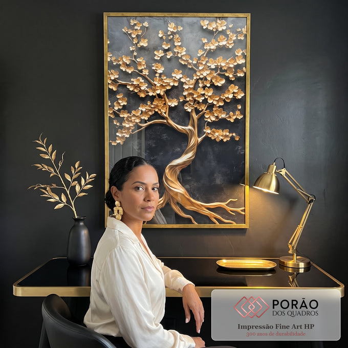 Quadro Decorativo Árvore Nobre Dourada em escritorio moderno - quadros decorativos para sala