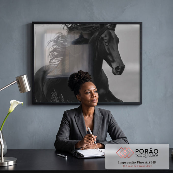 Quadro Decorativo Cavalo Negro em Movimento em escritorio moderno - quadros decorativos para sala