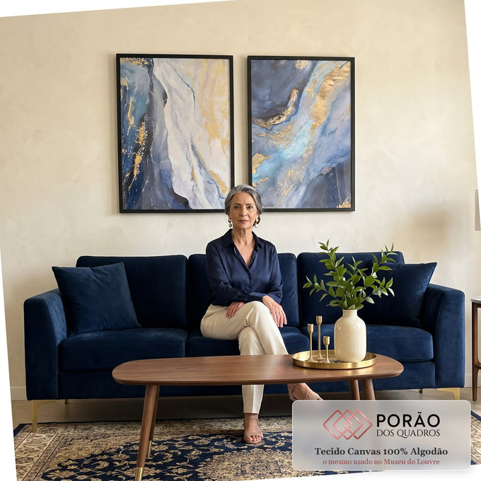 Quadro Decorativo Essencial: Mosaico em Azul e Ouro em sala de estar moderna - quadros decorativos para sala