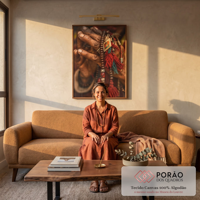 Quadro Decorativo Mãos e Contas Com Arte em sala de estar moderna - quadros decorativos para sala