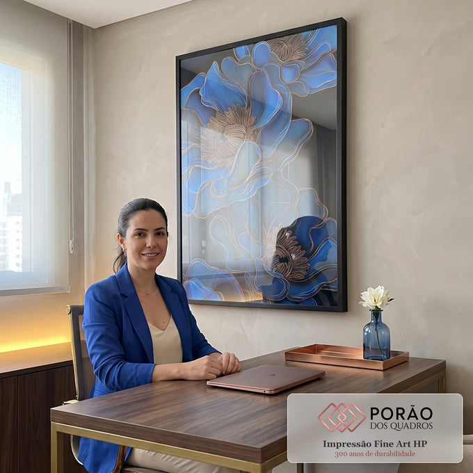 Quadro Decorativo Botânico Azul Gold em escritorio moderno - quadros decorativos para sala